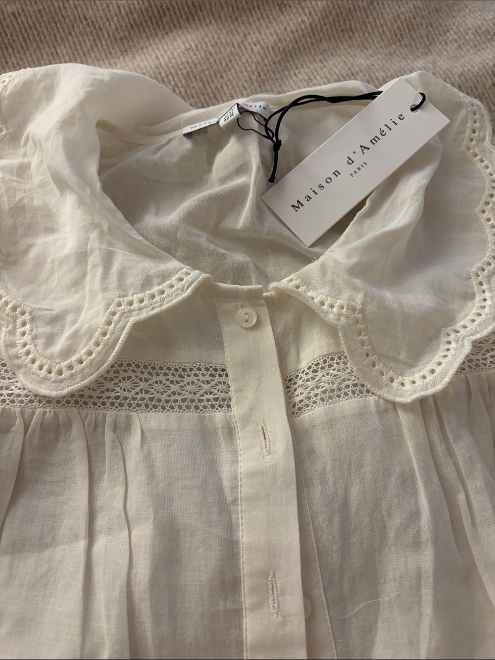 NWT MAISON D’AMELIE Cream Lace-Trim Puff Sleeve Blouse Size Medium 100% Cotton - Picture 3 of 13